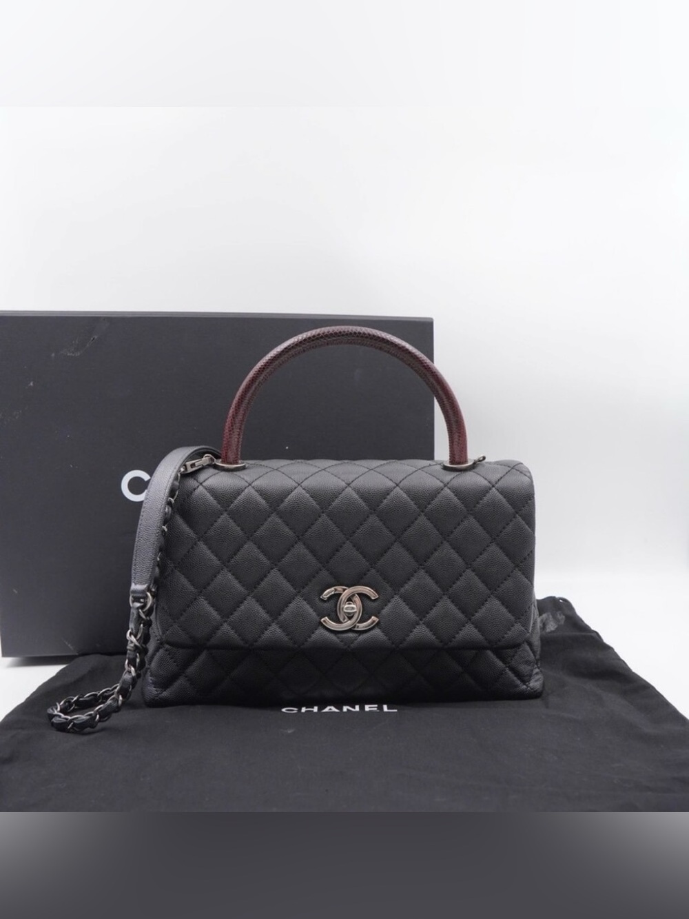 Coco Chanel Top Handle Lizard Small Black Caviar